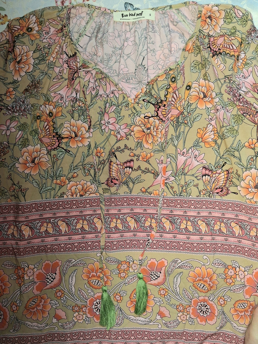 Three Bird Nest Beige Boho Floral & Butterfly Tunic with Pink Accents - Picture 3 of 3